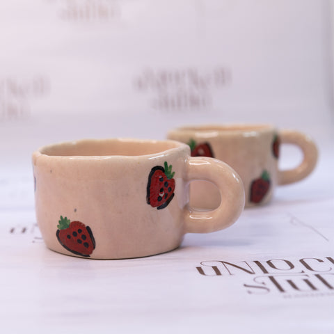 Pastel Pink Hand Pinched Strawberry Print Ceramic Coffee / Tea Mug